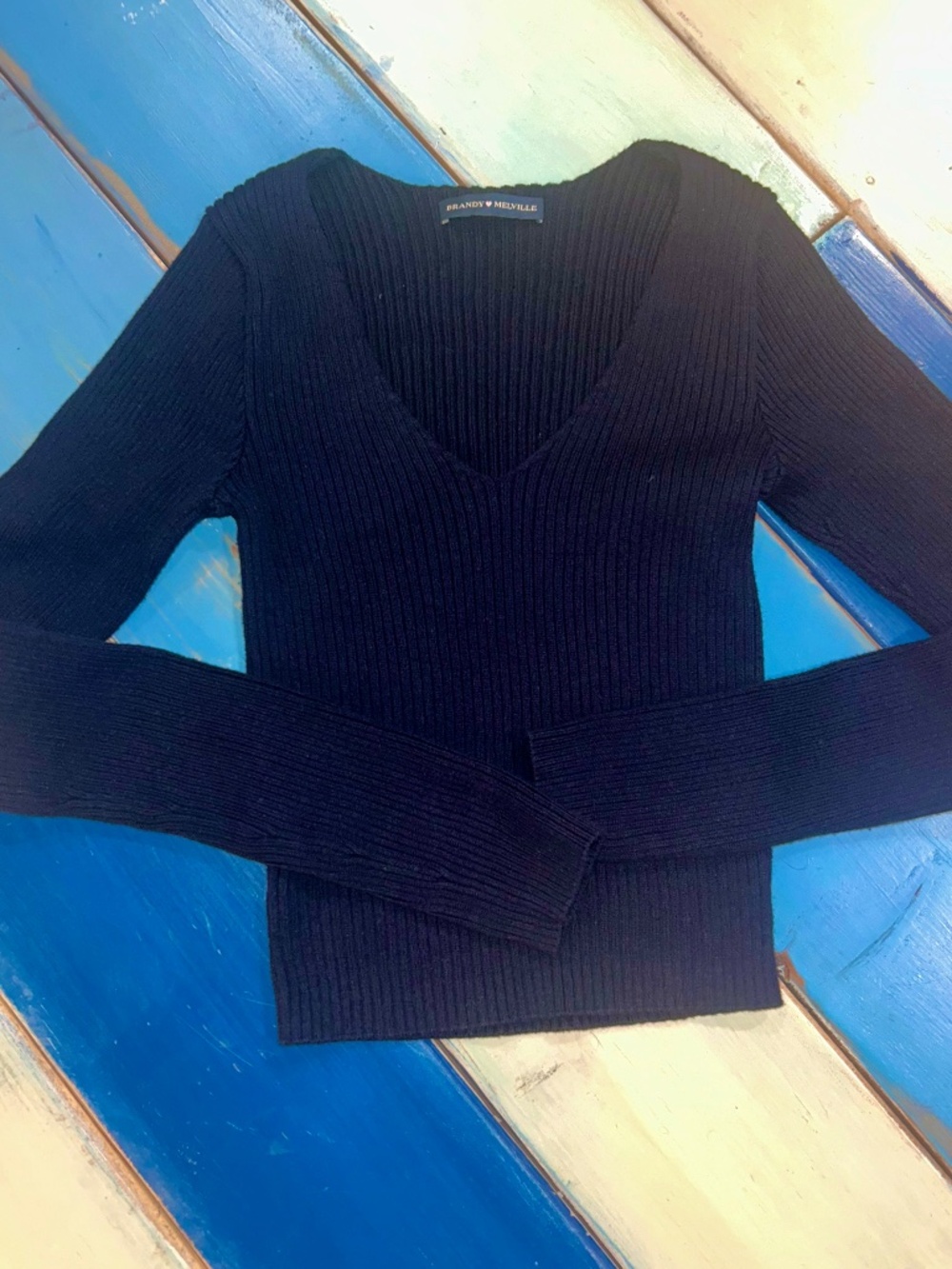 Brandy Melville Black Ribbed Deep V Neck Long Sleeve Fitted Top